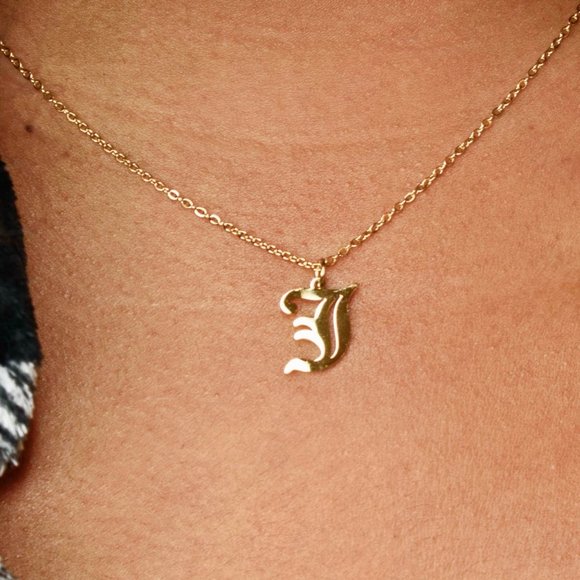 J - Gold Old English Initial Necklace - Picture 2 of 3